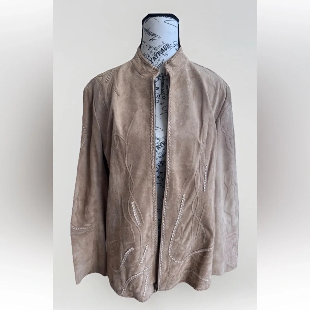 Chico’s Tan Brown Leather Suede Boho Festival Embroidered Zip Up Jacket Women’s